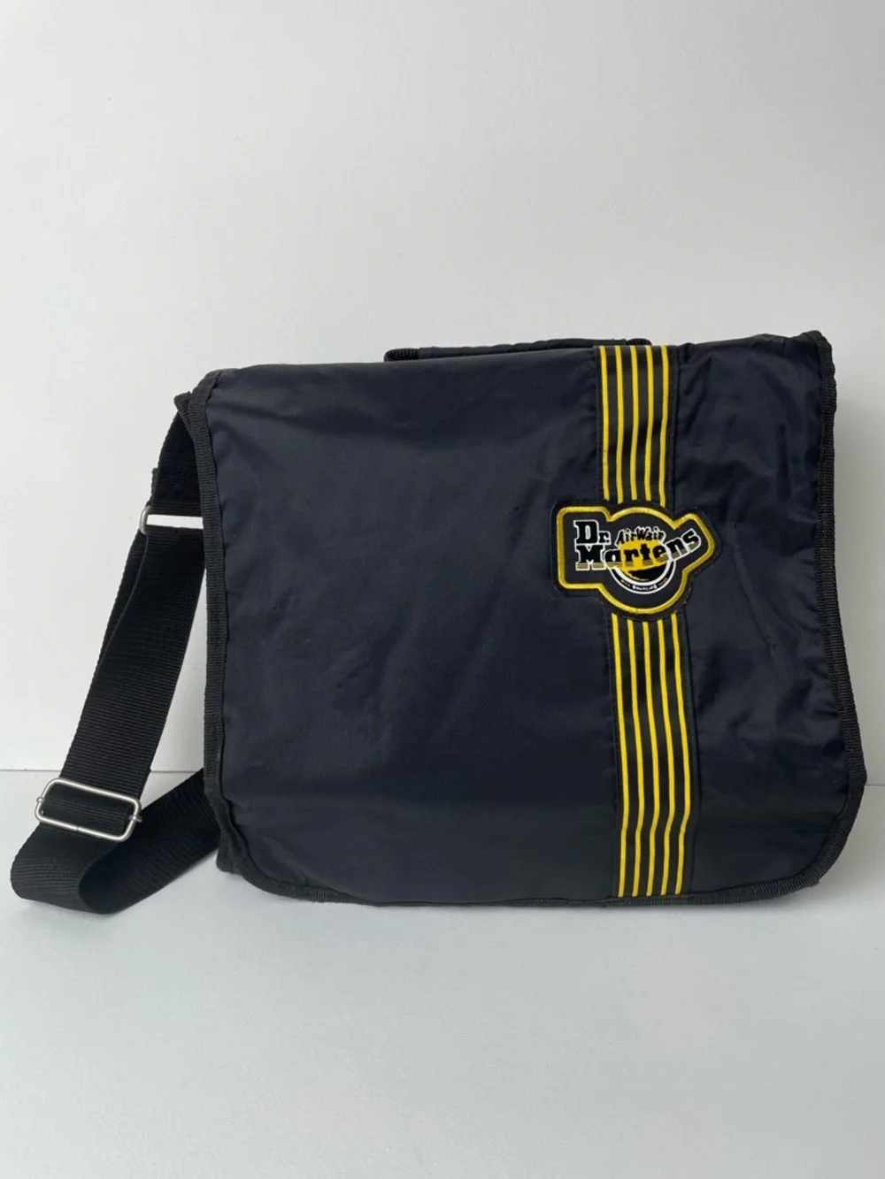Vintage Dr. Martens Yellow Black Nylon Logo Striped Crossbody Messenger Bag